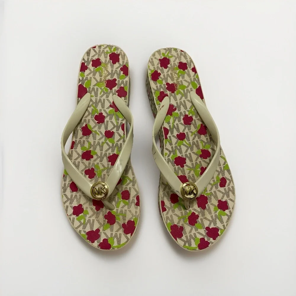 Michael Kors Women's Platform Flip Flops Wedges White/Floral Print Size 8